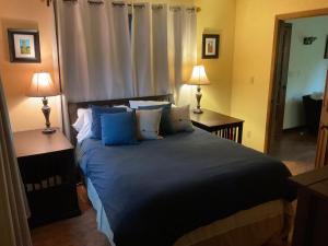 a bedroom with a large bed with blue pillows at Hawkeyes Rest in Johnsburg