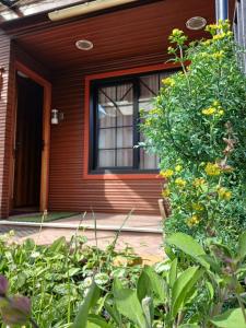 a house with a window and a bush with yellow flowers at Hospedaje Maria in Castro