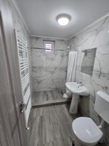 a bathroom with a toilet and a sink at CASA de ACASA in Vintu De Jos