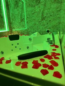 a bathroom sink with red petals on it at Gold House Roma in Rome