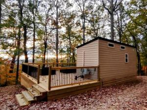 a small cabin with a deck in the woods at Tiny Home Big View in Knoxville