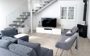 a living room with a couch and chairs and a tv at Casa da nascente douro in Paços de Gaiolo