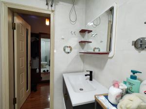 un bagno con lavandino e specchio di 博博家精品民宿 a Harbin