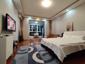 una camera da letto con un letto e una TV a schermo piatto di 博博家精品民宿 a Harbin