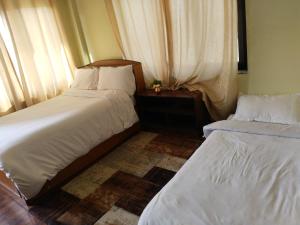 una camera da letto con due letti e una finestra di Kathmandu Airport View Hotel And Lodge a Kathmandu