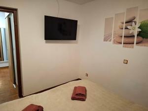 a room with a bed with a flat screen tv at Apartmani Delas 2 in Pješčana Uvala 