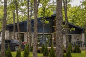 a house in the woods with a car parked in front at Zen Villas 1 - Zen Retreat in Gjilan
