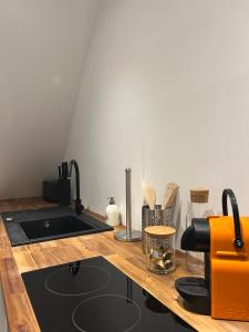 a kitchen with a counter with a sink and a stove at Le Loft in Mennecy +8 photos