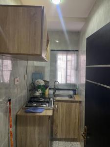 a kitchen with a sink and a stove top oven at Memento Courts in Lagos