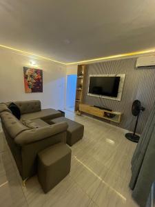 a living room with a couch and a flat screen tv at Memento Courts in Lagos