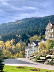 ein Gebäude an der Seite eines Hügels mit Bäumen in der Unterkunft Apartament Czarna Góra Resort - Livigno in Heudorf