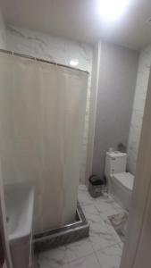 a bathroom with a shower curtain and a toilet at Lux apartment in Ak-Tyube