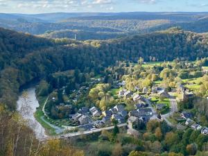 une vue aérienne sur une ville avec une rivière et des arbres dans l'établissement Le cottage de Christine, à Vresse-sur-Semois