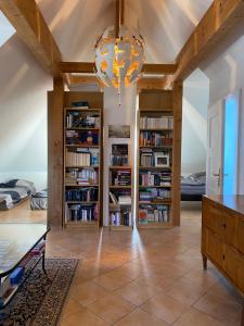 a living room with bookshelves and a chandelier at Helle und ruhige Dachgeschosswohnung in Munich