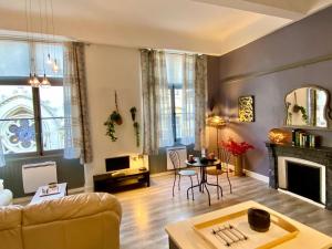 カルカソンヌにあるO'DE- Centre ville - proche cité médiévale -canal du midi - Wifi - Idéal couple et professionnelのソファと暖炉のあるリビングルーム