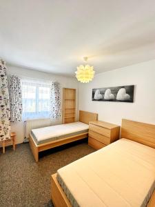 sypialnia z 2 łóżkami i żyrandolem w obiekcie Pension Lenka 2 w mieście Harrachov