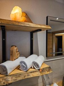 a shelf with towels and a mirror in a bathroom at Alpenchalet Lengau in Dornauberg +48 photos