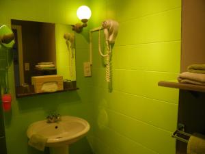 uma casa de banho verde com um lavatório e um telefone na parede em Le Moulin d'eclaron em Éclaron