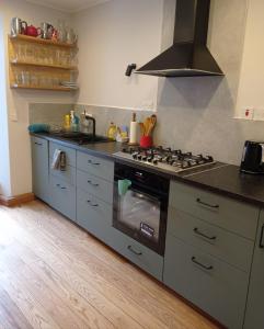 een keuken met een fornuis en een aanrechtblad bij No 14 -A Cosy Townhouse in Westport in Westport