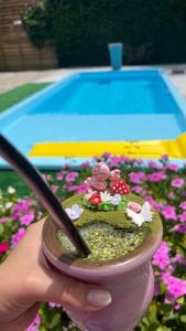 Una mano che tiene un drink con un troll giocattolo dentro. di Residencial Rosângela - Pantano Grande a Pântano Grande