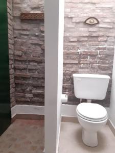 a bathroom with a white toilet and a brick wall at La Pink House Salta, Monoambiente amplio y cómodo in Salta