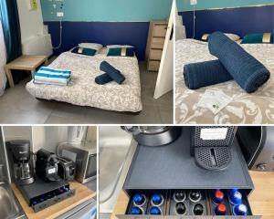 a collage of three pictures of a room with two beds at Cozy studio 3min MER nice CENTRE in Nice