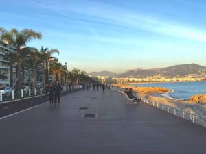 people walking along a beach with palm trees and the ocean at Cozy studio 3min MER nice CENTRE in Nice +5 photos