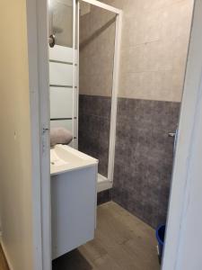 a bathroom with a sink and a shower with a mirror at Appartement 4 chambres face carrefour de Stains in Stains