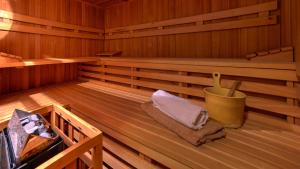 an empty sauna with a towel and a bucket in it at Hotel Waldblick in Bodenmais