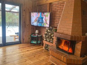 a living room with a brick fireplace with a tv at Zacisze leśne w Juliance in Grady Szlacheckie