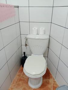 a white toilet in a white tiled bathroom at Casa turística Lirio in Chandreja +22 photos