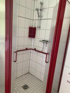 a bathroom with a shower with a tile floor at Rollstuhlgerechter Ferienbungalow in ruhiger Lage in Bad Harzburg