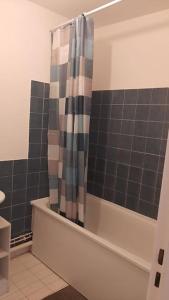 a bathroom with a shower with a shower curtain at Logement T2 tres propre in Cergy