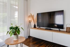 a living room with a flat screen tv on a cabinet at Bergoase für zwei - mit Terrasse & Bergkulisse in Adelboden