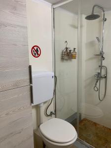 a bathroom with a toilet and a shower at Cosy studio 35m2 in Síndos +31 photos