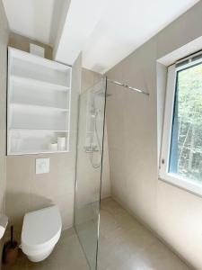 ein Badezimmer mit Toilette und Glasdusche in der Unterkunft Oaza1 in Trnovo + 19 Fotos