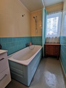 a bathroom with a bath tub and a window at Arctic Cabin Lyngen in Svensby +30 photos