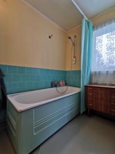 a bath tub in a bathroom with blue tiles at Arctic Cabin Lyngen in Svensby