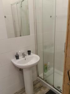 a bathroom with a sink and a glass shower at Apartamento San Francisco in Santa Cruz de la Palma +23 photos