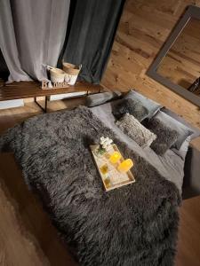 a bed with a tray of food on top of it at Studio front de neige pelevos in Isola