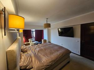 ein Hotelzimmer mit einem Bett und einem Fernseher in der Unterkunft City Hall Apartament in Craiova
