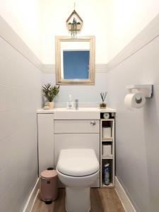 a white bathroom with a toilet and a mirror at Spacious Victorian Apartment in Edinburgh City in Edinburgh +6 photos