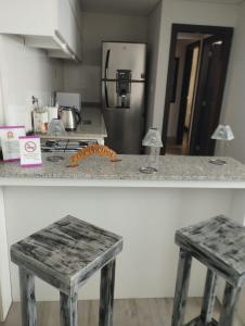 a kitchen counter with two stools and a refrigerator at Departamento Temporario San Pedro in San Pedro