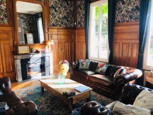 a living room with leather couches and a fireplace at L'Hôtel Particulier du 12 in Niort