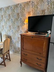 a television on top of a dresser in a room at La maison de Charlotte in Auvers-sur-Oise