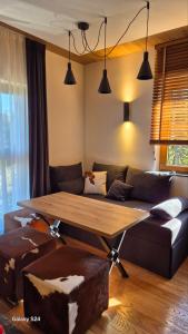 a living room with a table and a couch at Jahorina Apartman Dvosjed B 10 in Jahorina