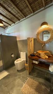 a bathroom with a toilet and a mirror and a sink at Vila Sereia Caraiva in Caraíva +112 photos