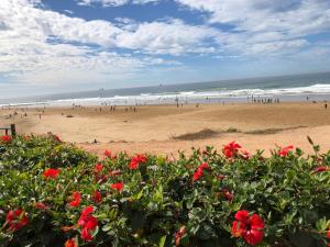 a group of people on a beach with red flowers at Anza surf spot in Agadir