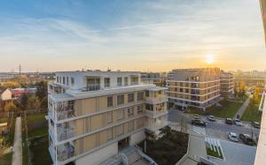 an aerial view of a building in a city at BNB Urban Oasis Bajkalska in Bratislava