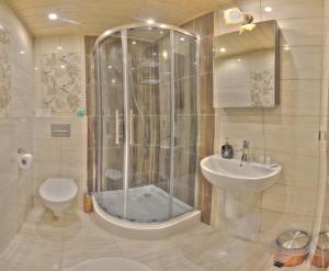 Apartamenty u Piekorza في شافلاري: حمام مع دش ومرحاض ومغسلة +47 صورة
